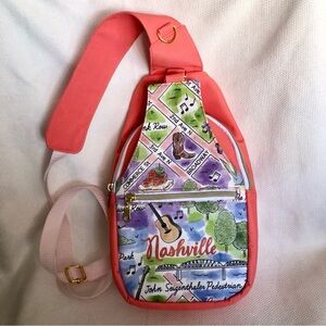 Nashville Music Crossbody Slingback Bag Coral blue purple canvas scenes